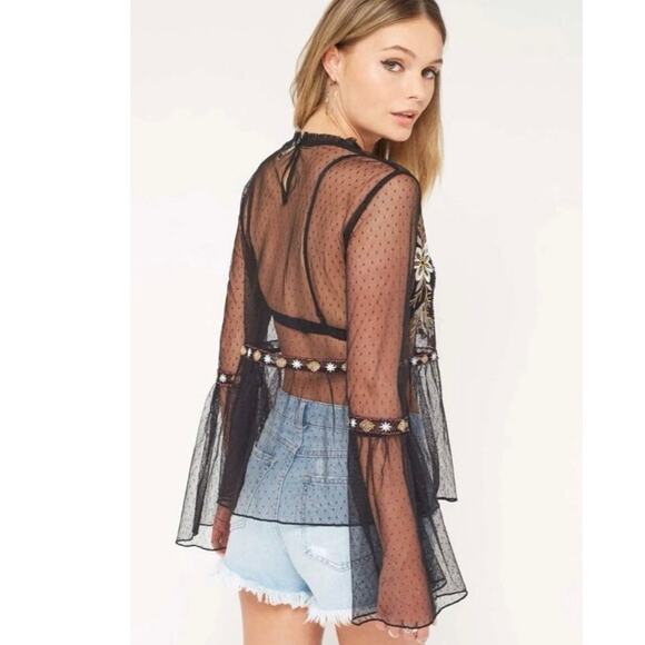 Altar’d State Black Boho Mesh Embroidered Bell Sleeve Blouse XS - Picture 3 of 9